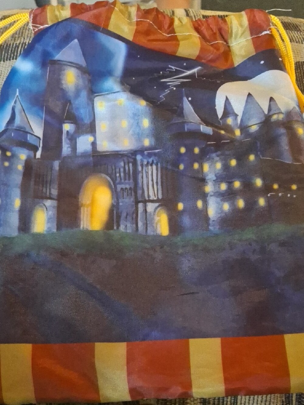 Whimsical Night Castle Wall Tapestry in Blue Yellow Red Gold Brave Wizards Bag - Picture 2 of 5